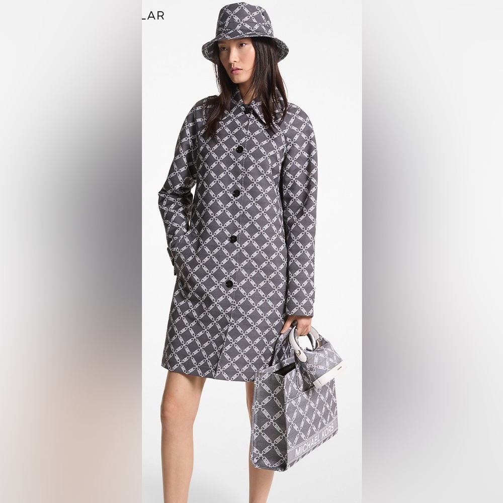 2PC. Michael Kors Empire Logo Jacquard Balmaccan Coat Sz. M W/Matching Handbag🖤🤍 - Picture 7 of 16